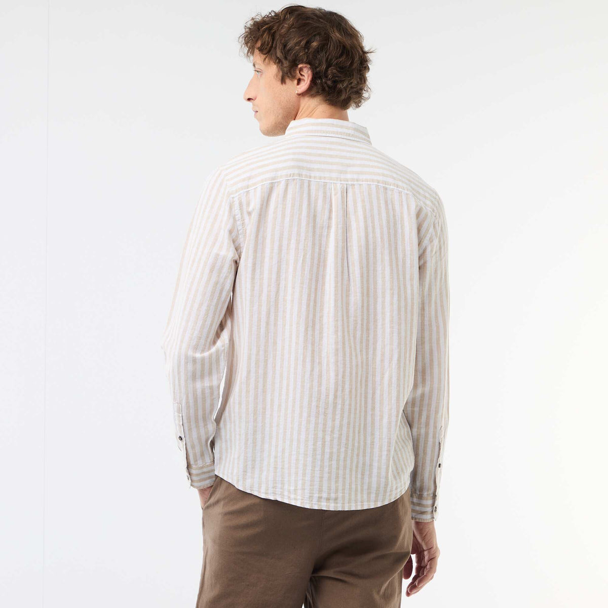 Camisa de lino y algodón a rayas BEIGE
