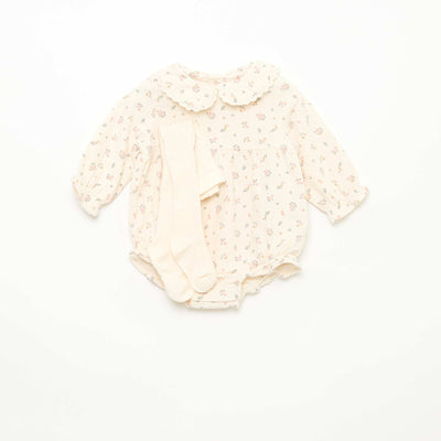 Conjunto pelele floreado + leotardos BLANCO