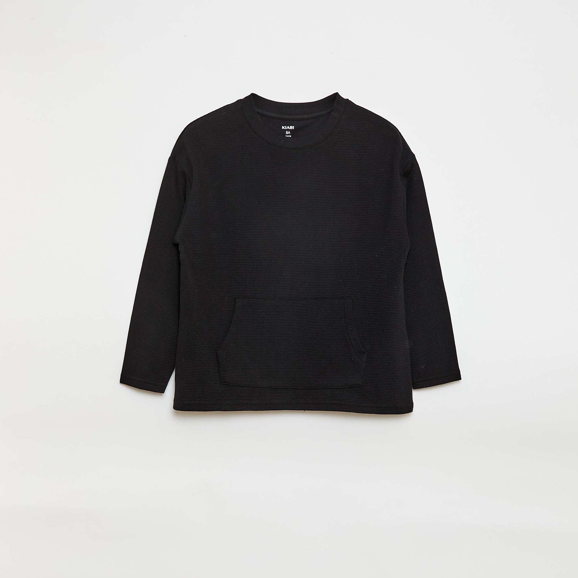 Camiseta con bolsillo canguro en malla otomana NEGRO
