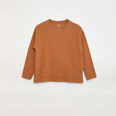 Camiseta con bolsillo canguro en malla otomana MARRON