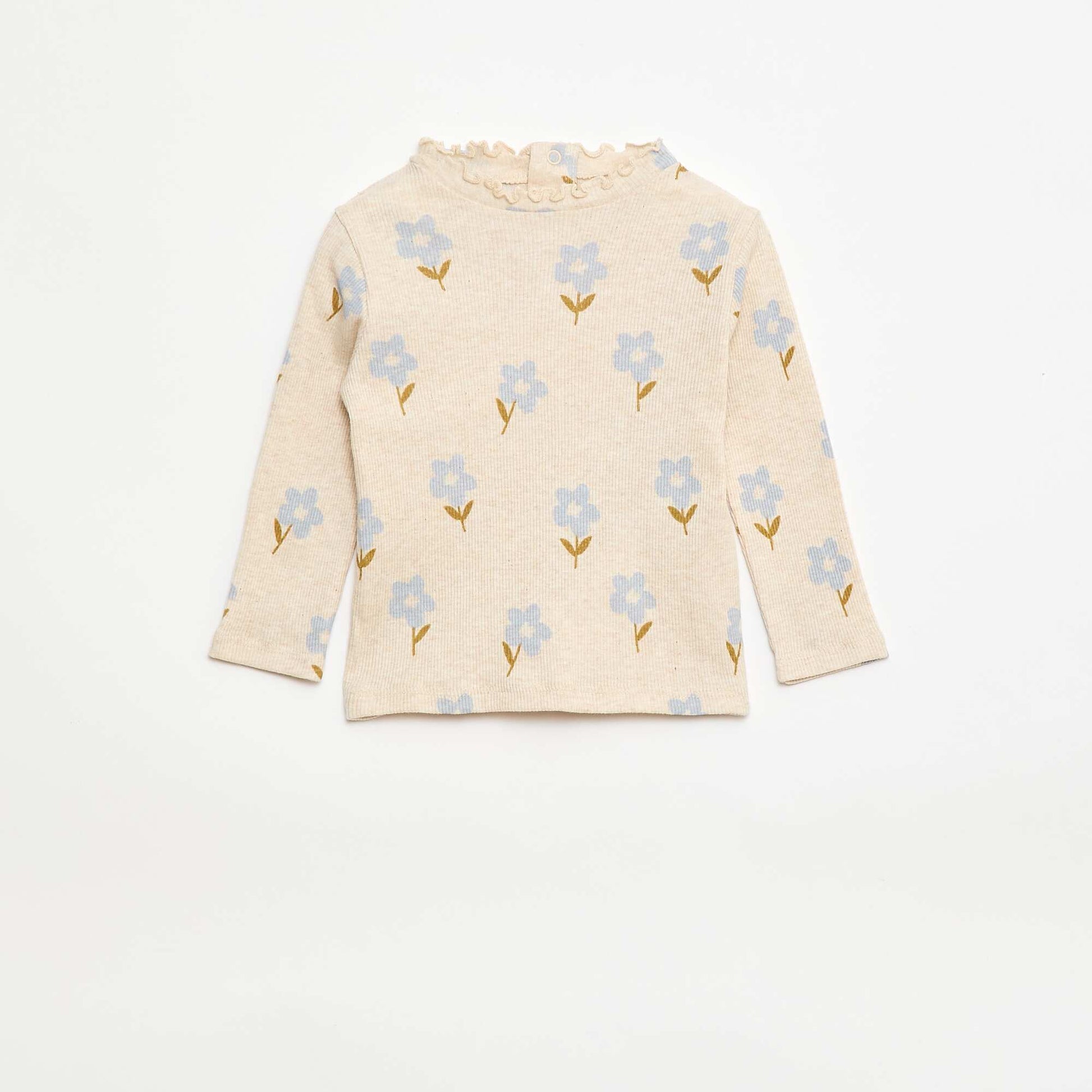 Camiseta de canalé con cuello ondulado BEIGE