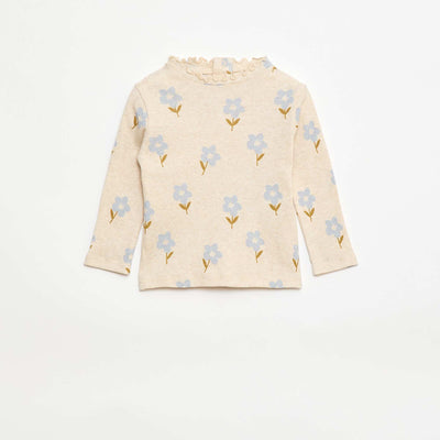 Camiseta de canalé con cuello ondulado BEIGE