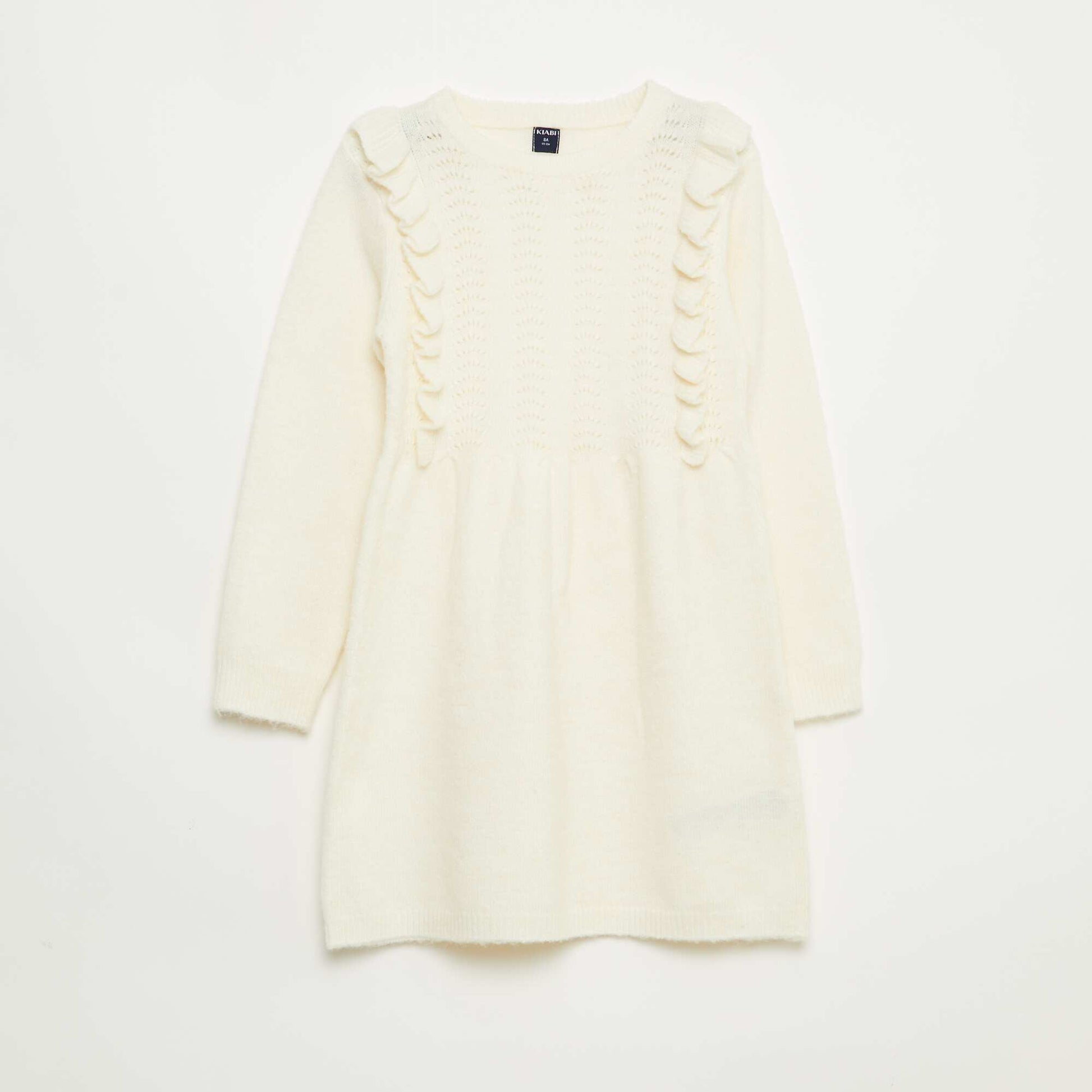 Vestido sweater con punto calado y volantes BLANCO