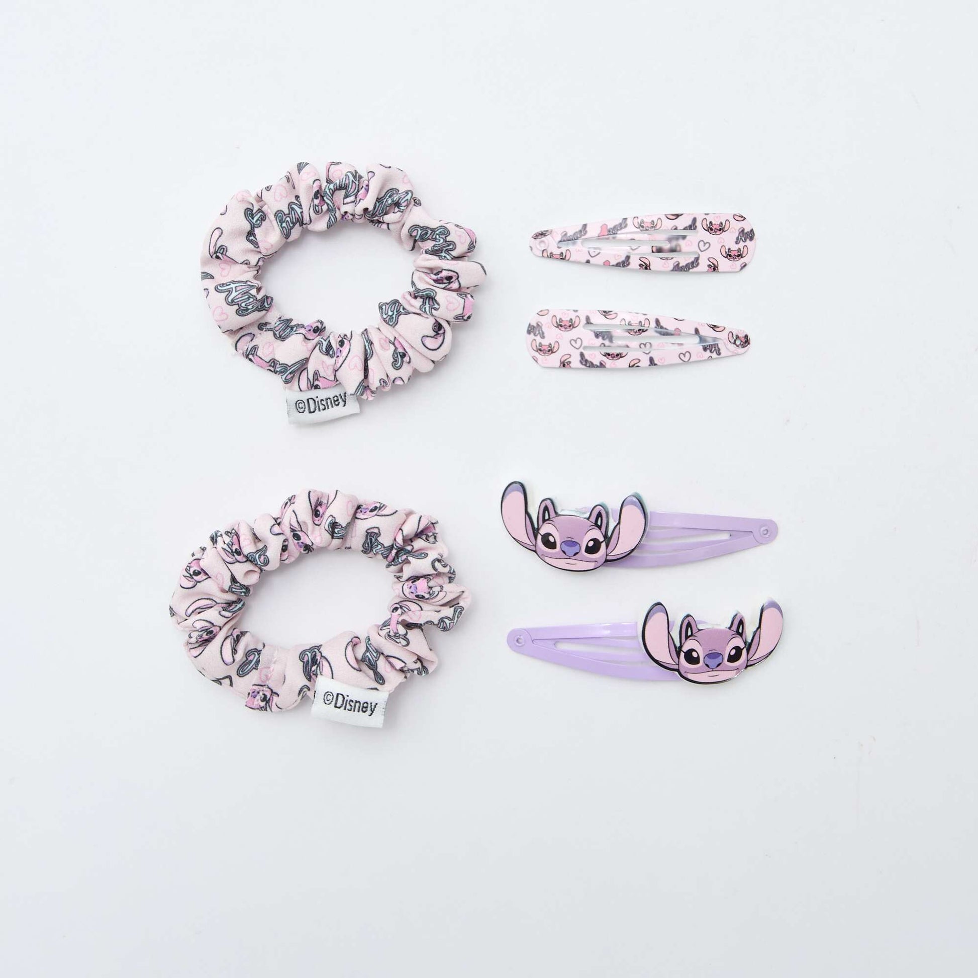 Lote de 4 pinzas + 2 gomas de pelo 'Stitch' ROSA