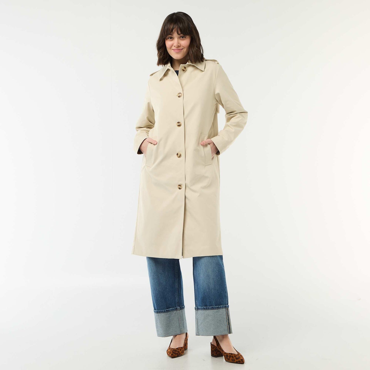 Trench midi con cuello camisero BEIGE