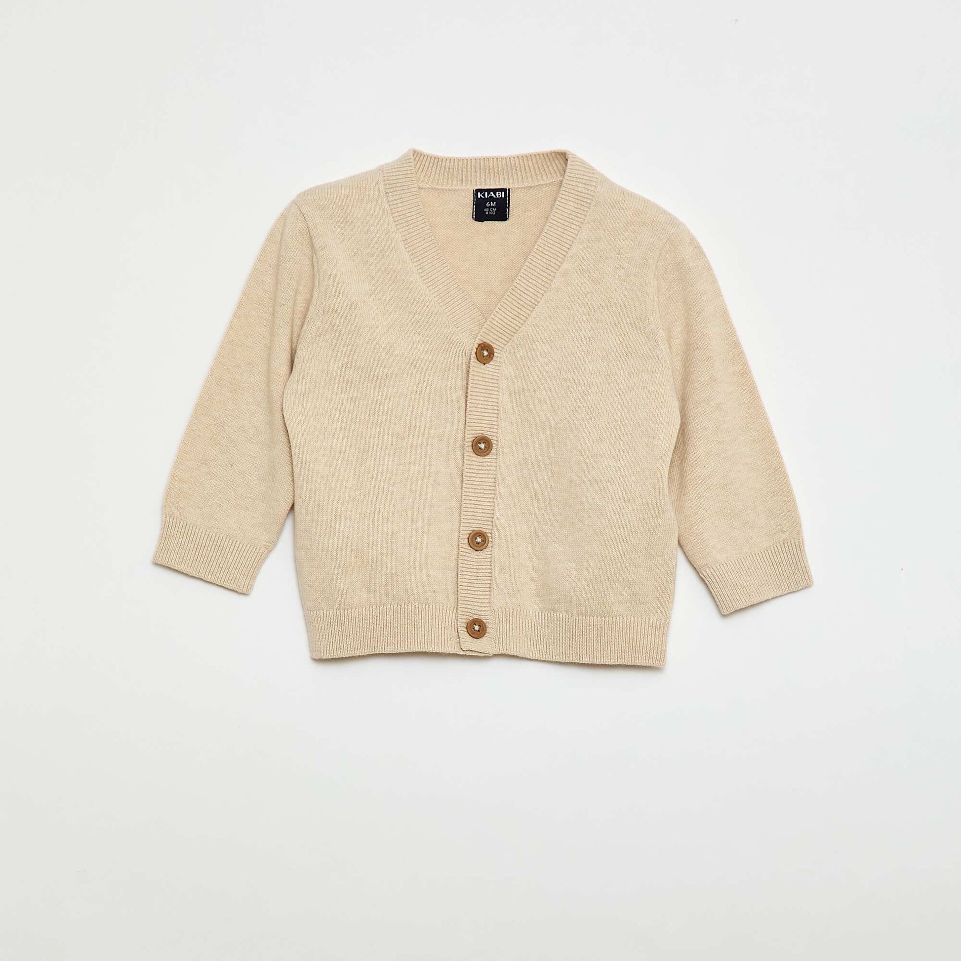Cárdigan de punto fino con cuello en pico BEIGE
