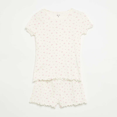 Conjunto de pijama de camiseta + pantalón corto de punto acanalado de algodón BLANCO