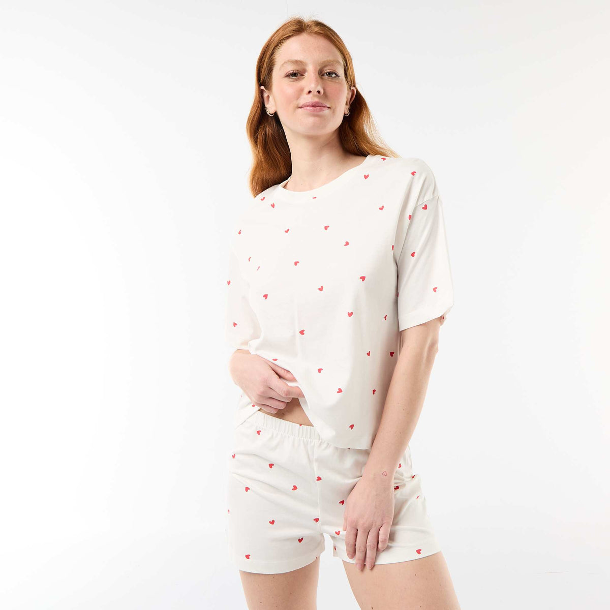 Conjunto de pijama camiseta + pantalón corto en punto de algodón BLANCO