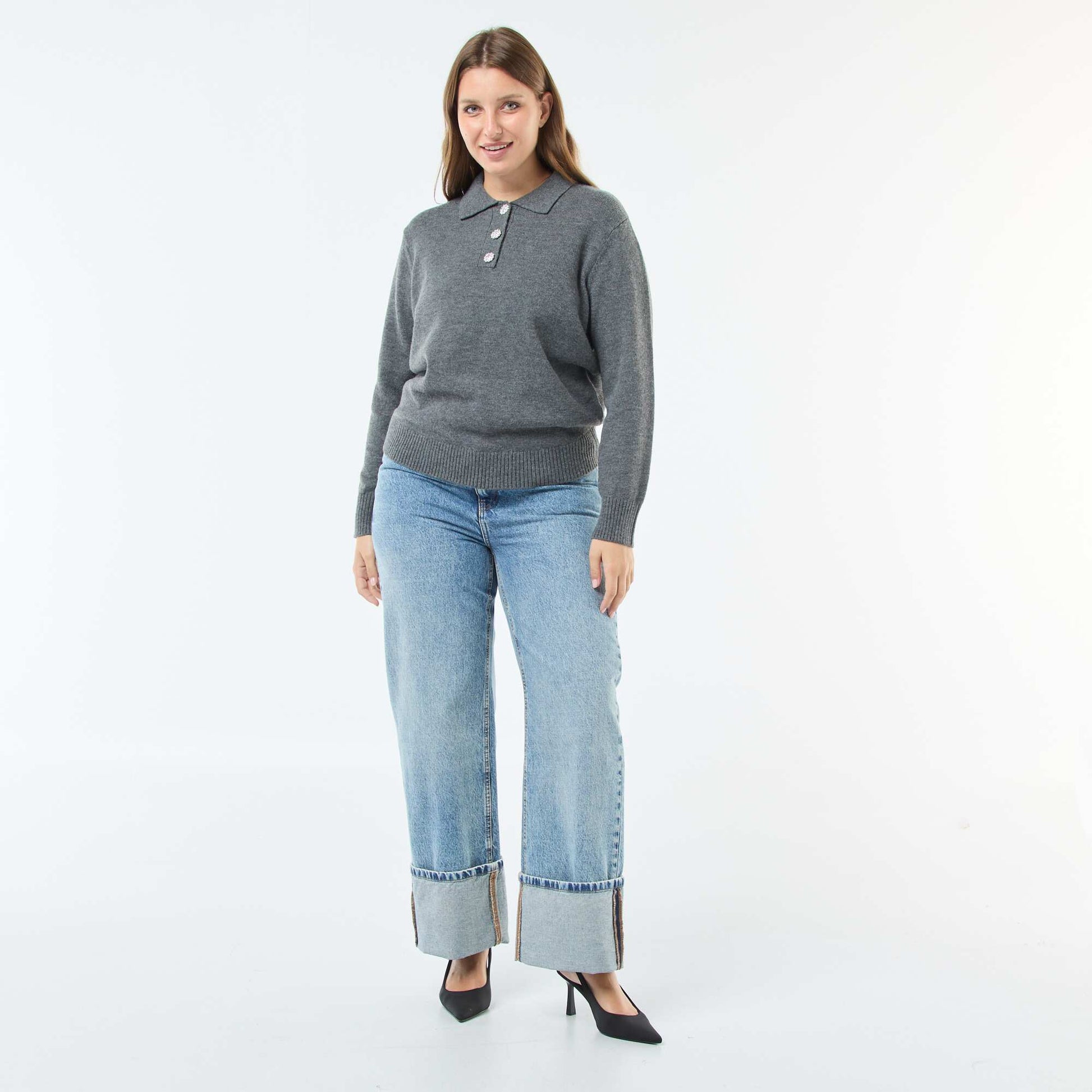 Sweater cuello remera con botones joya GRIS