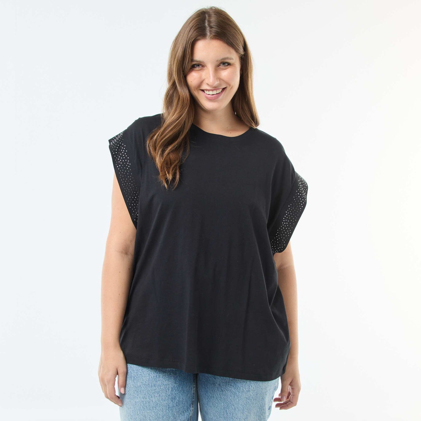 Camiseta ancha con strass NEGRO