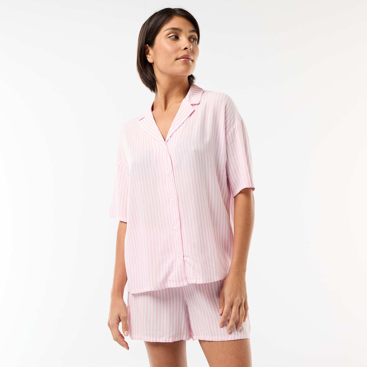 Conjunto de pijama a rayas camiseta + pantalón corto ROSA