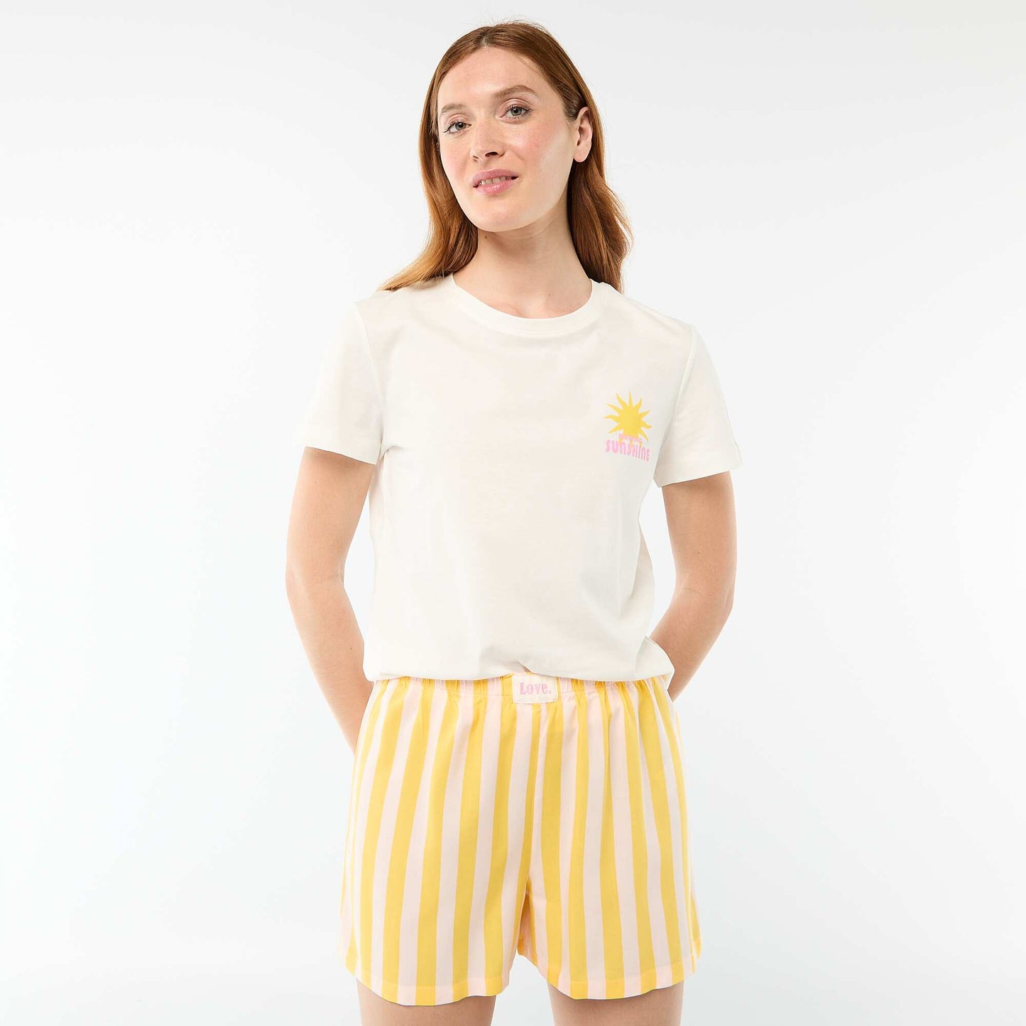 Conjunto de pijama camiseta + pantalón corto ligero a rayas AMARILLO