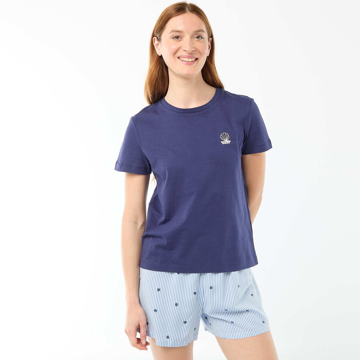 Conjunto de pijama camiseta + pantalón corto ligero con estampado de rayas AZUL