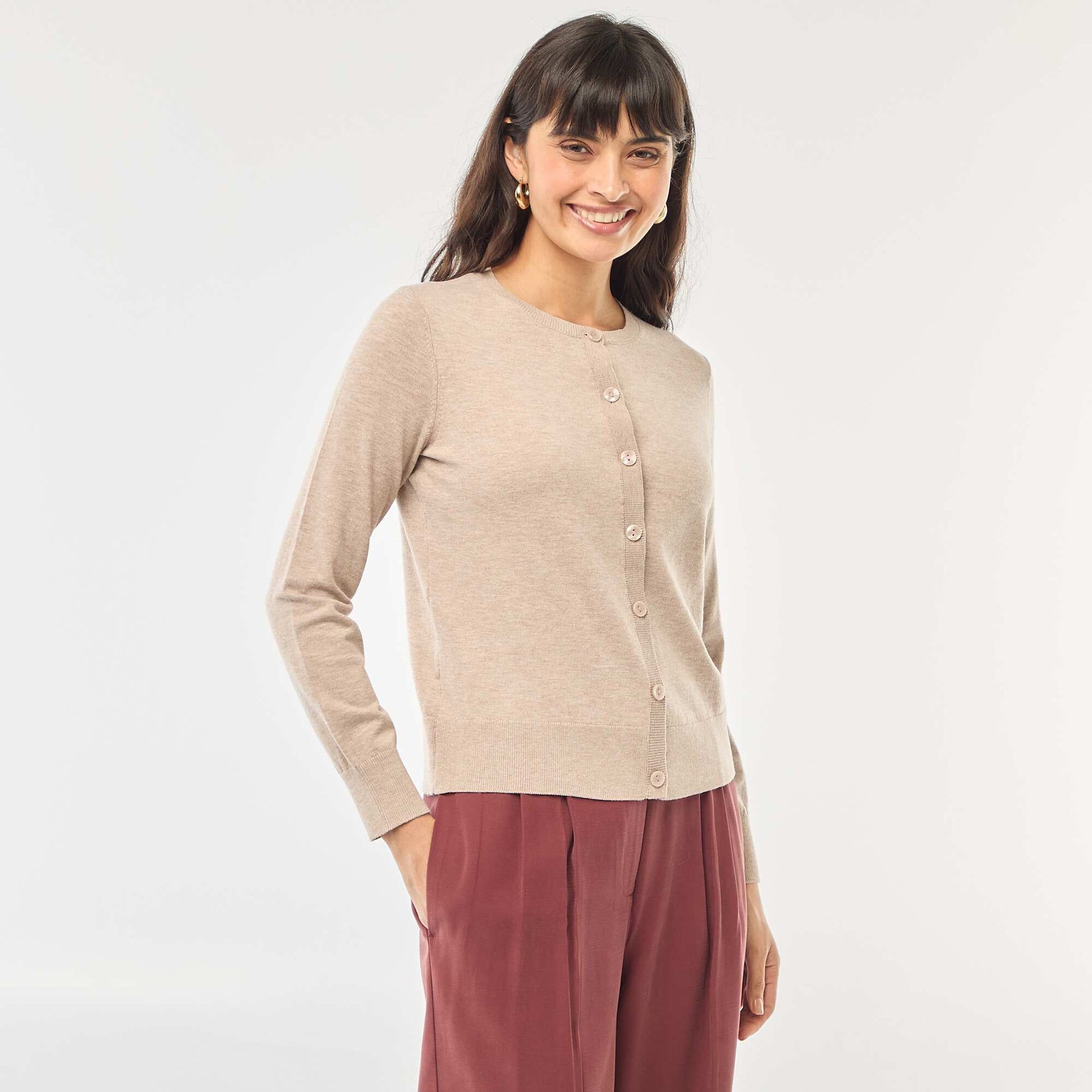 Cárdigan liso cuello redondo BEIGE