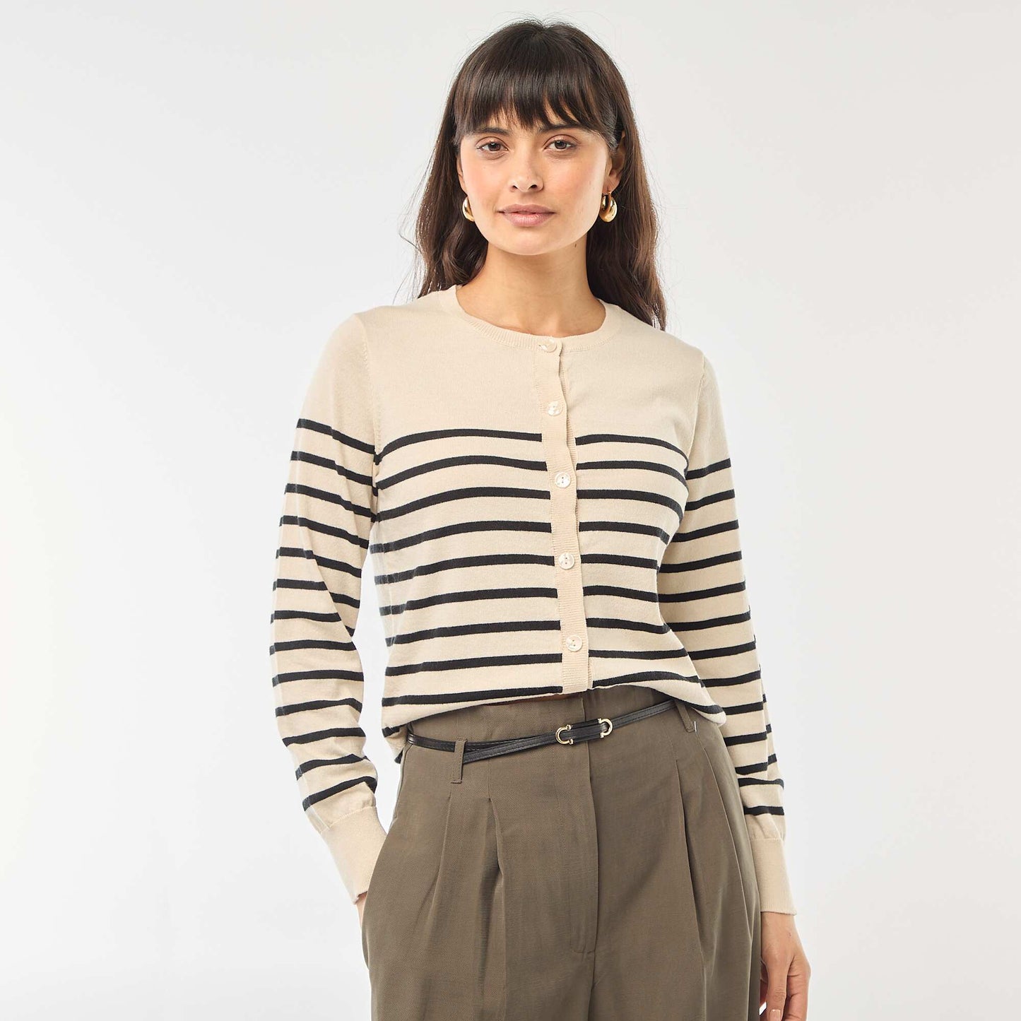 Cárdigan liso con cuello redondo BEIGE