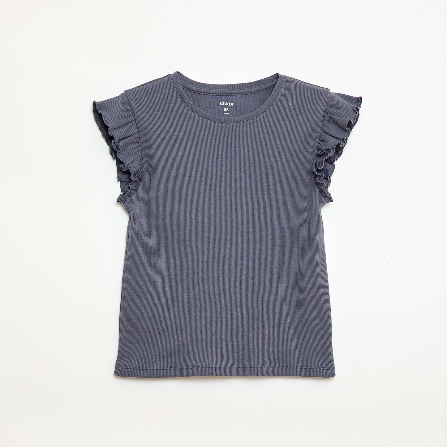 Camiseta de canalé con mangas con volantes GRIS