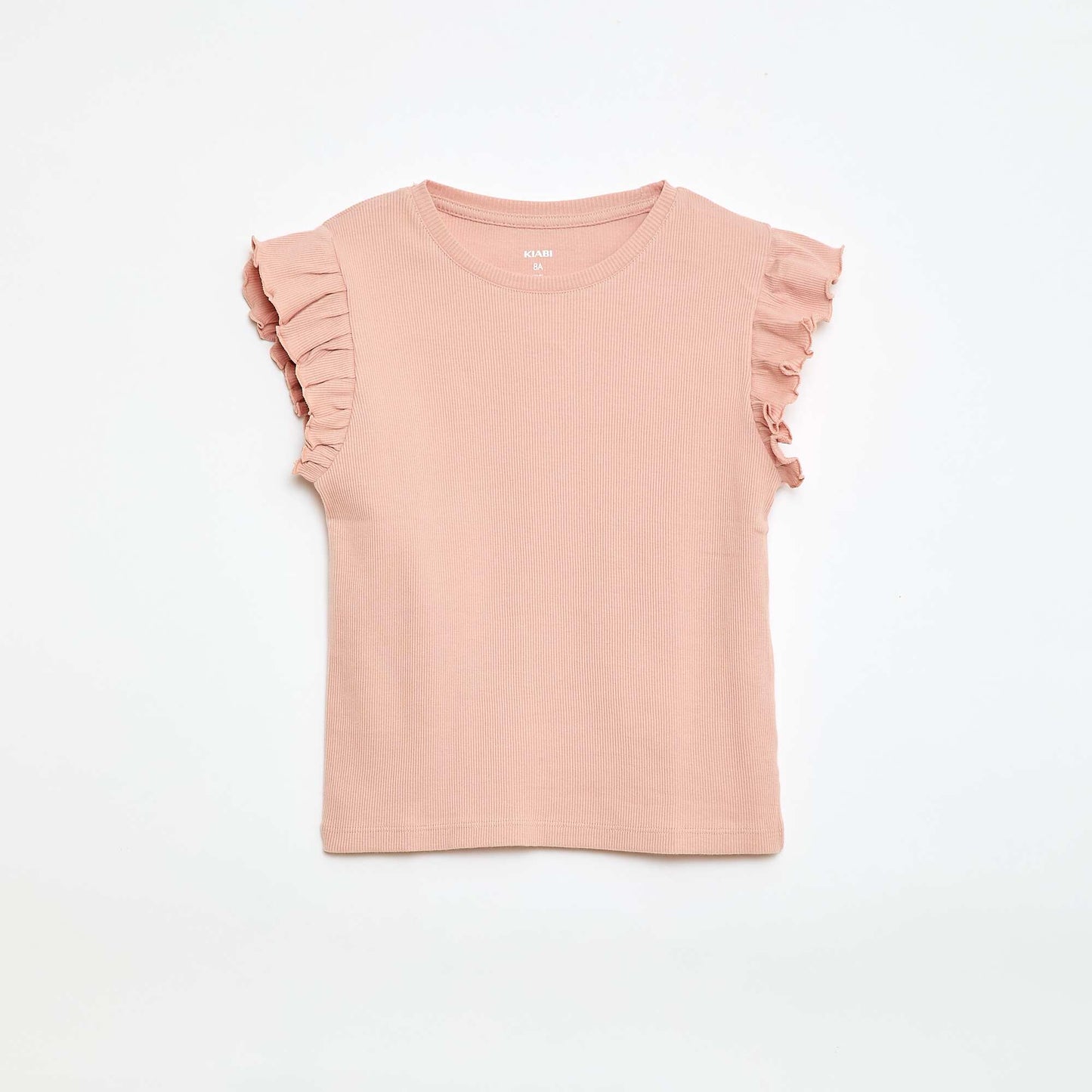 Camiseta de canalé con mangas con volantes ROSA
