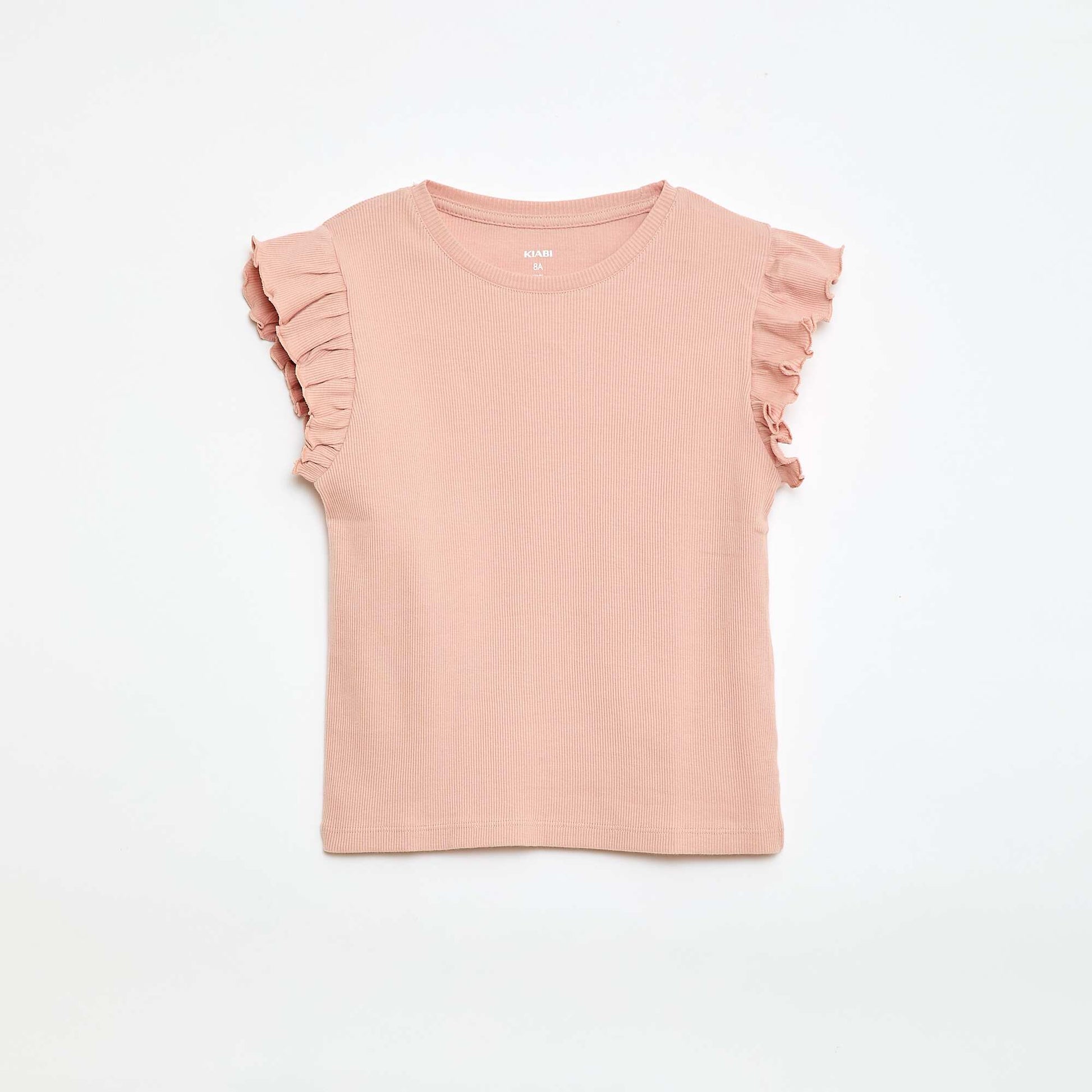 Camiseta de canalé con mangas con volantes ROSA