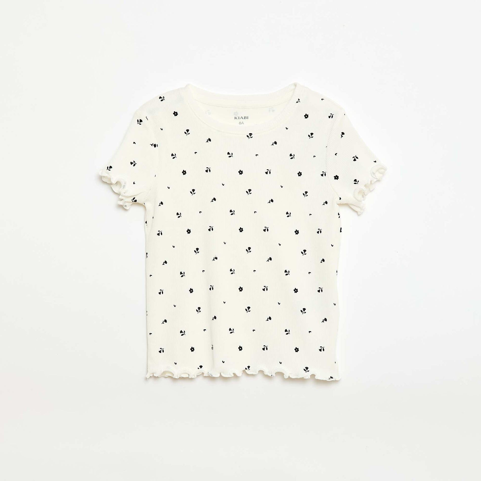Camiseta de canalé con mangas cortas con volantes BEIGE