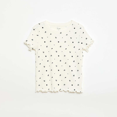 Camiseta de canalé con mangas cortas con volantes BEIGE