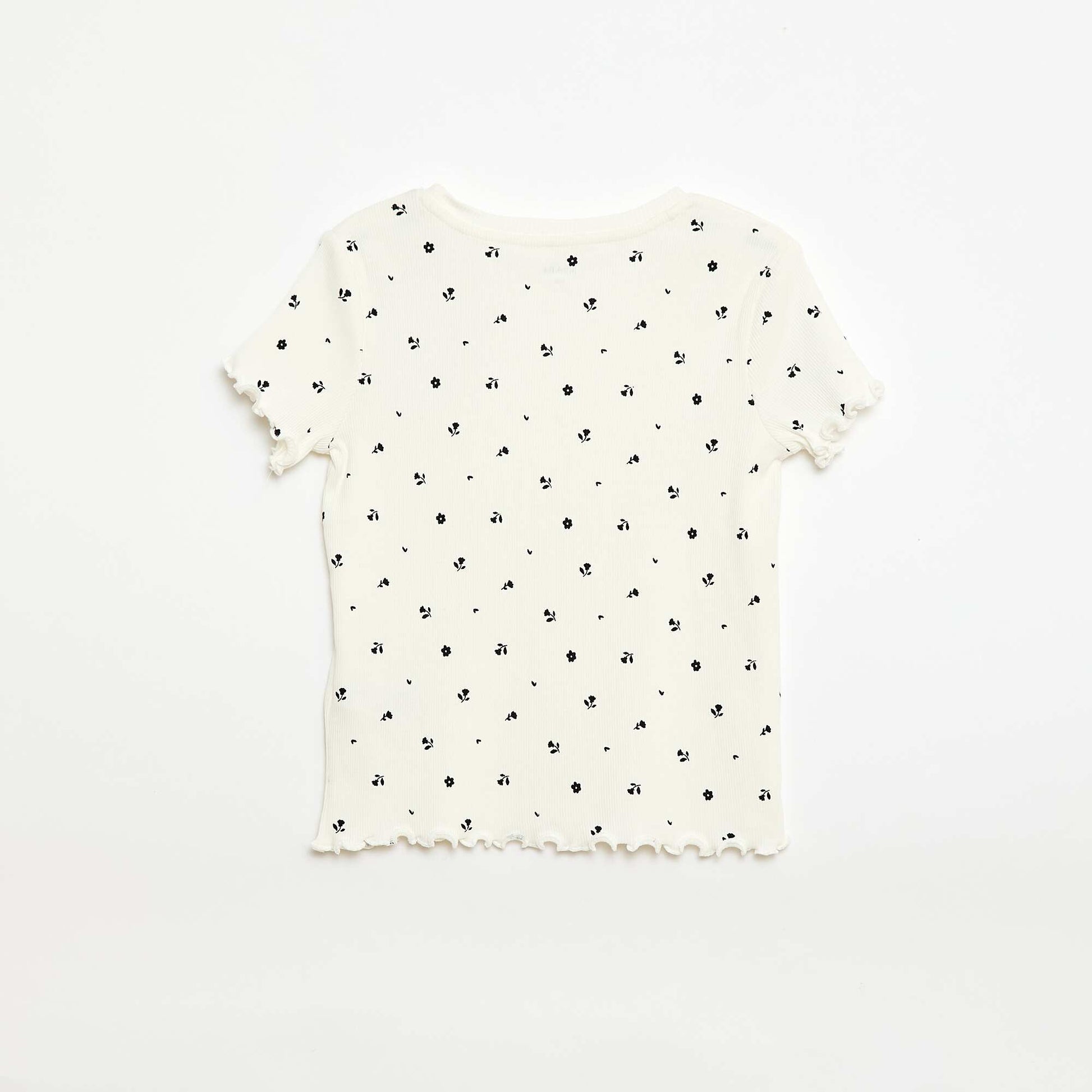 Camiseta de canalé con mangas cortas con volantes BEIGE