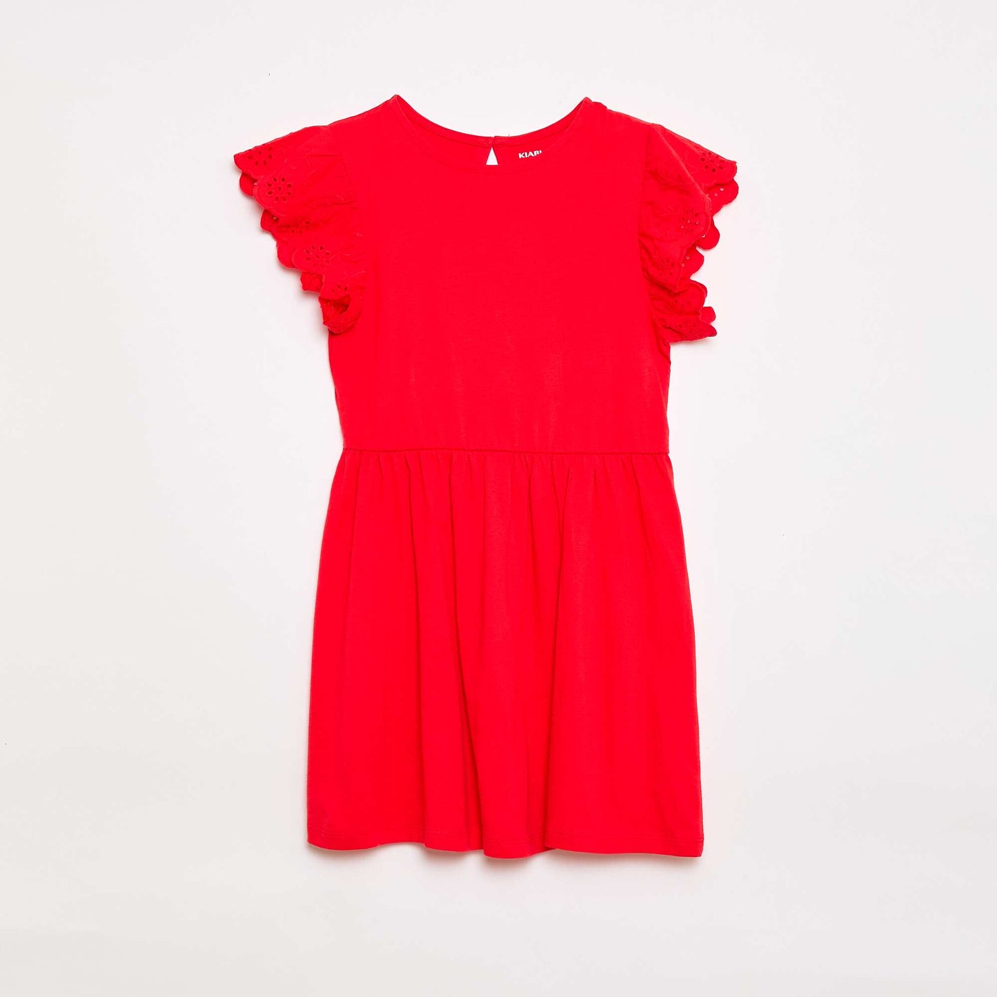 Vestido de punto con mangas cortas en bordado inglés ROJO