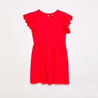 Vestido de punto con mangas cortas en bordado inglés ROJO