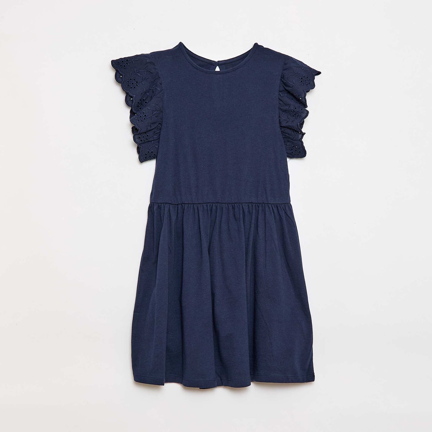 Vestido de punto con mangas cortas en bordado inglés AZUL MARINO