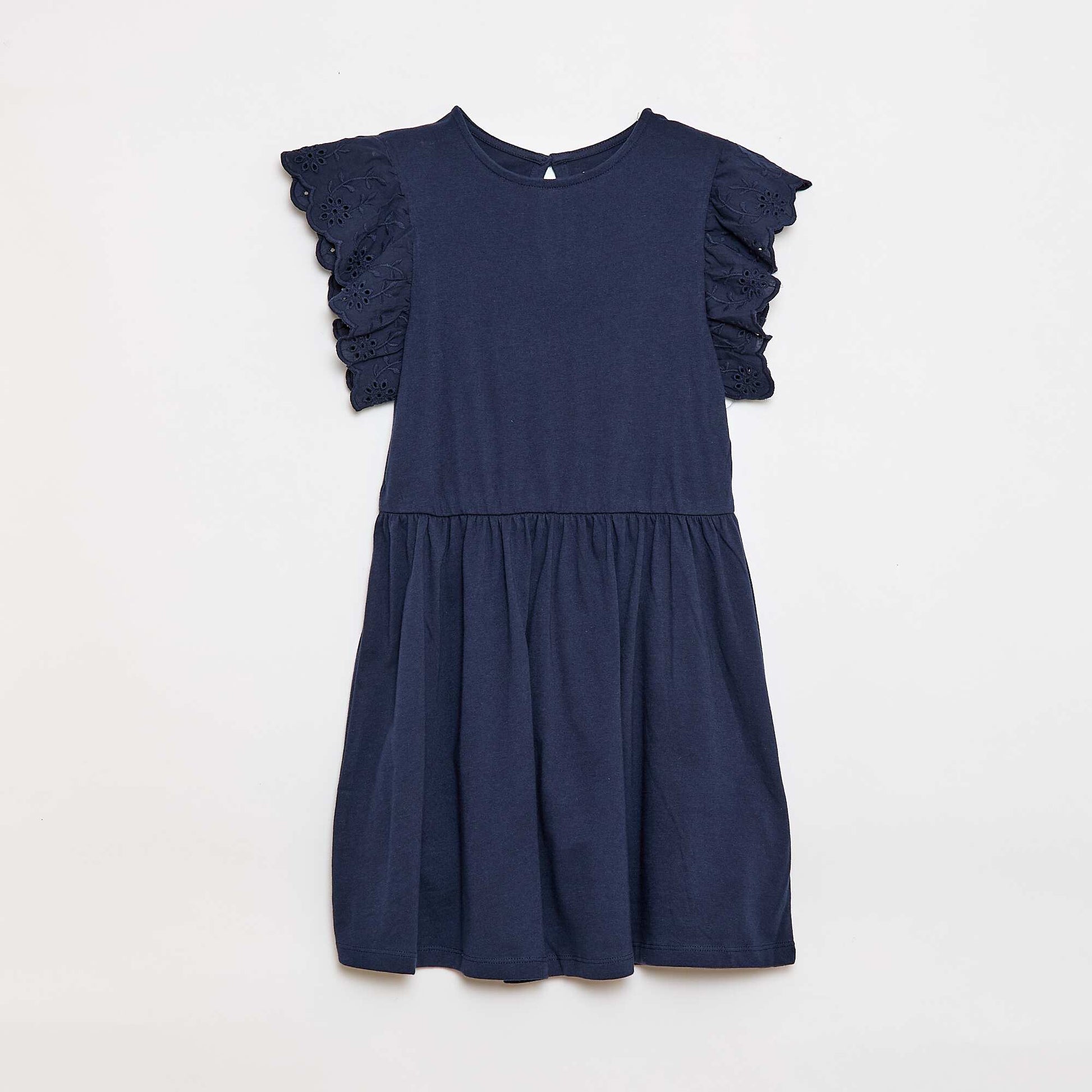 Vestido de punto con mangas cortas en bordado inglés AZUL MARINO