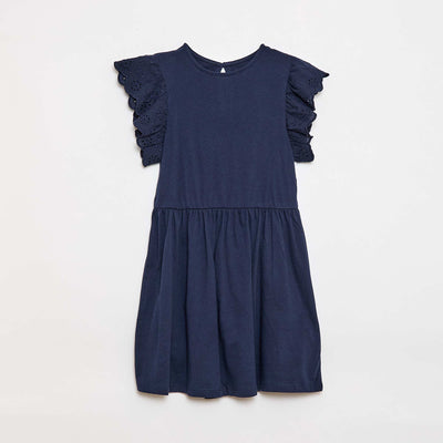 Vestido de punto con mangas cortas en bordado inglés AZUL MARINO