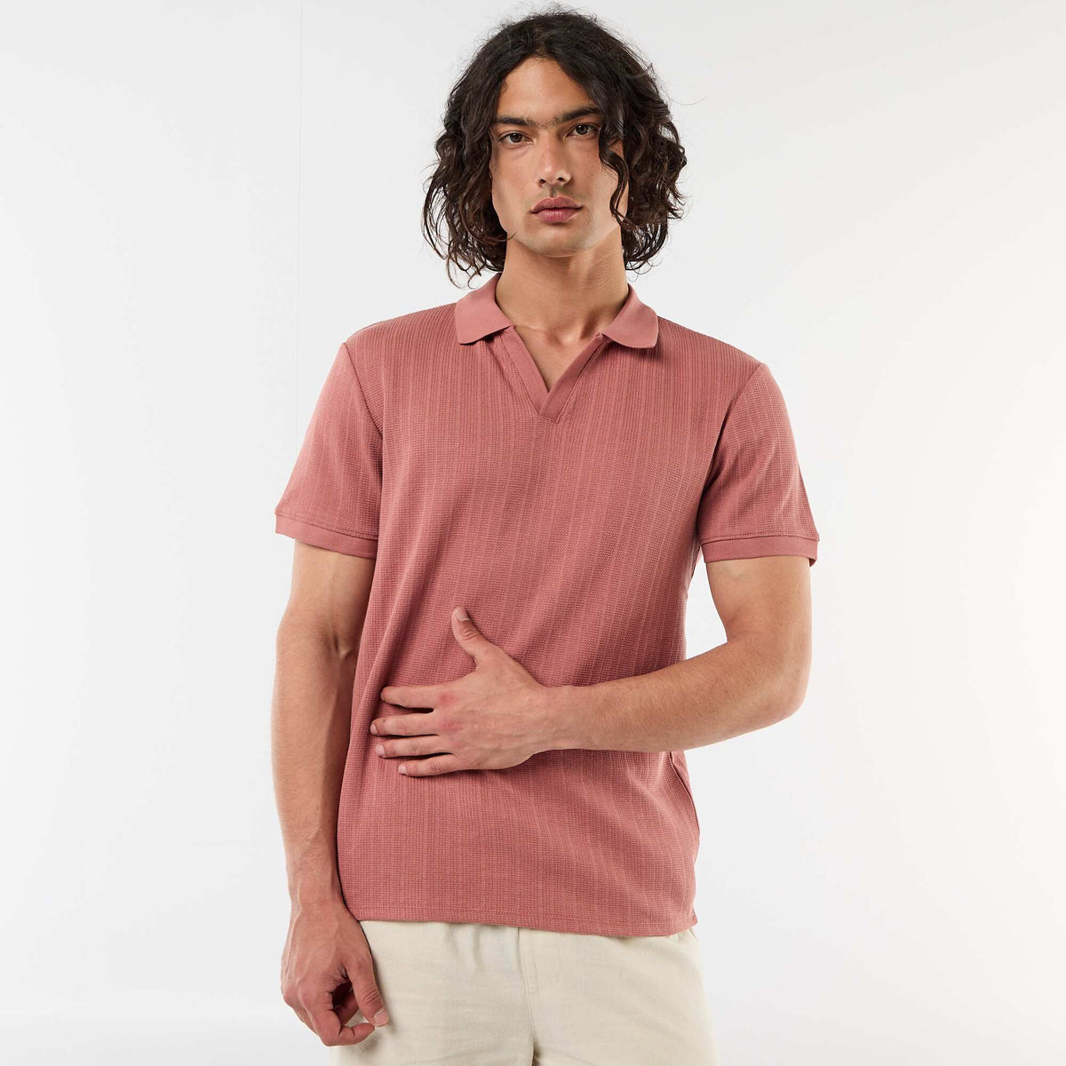 Remera de manga corta con tejido de nido de abeja ROSA