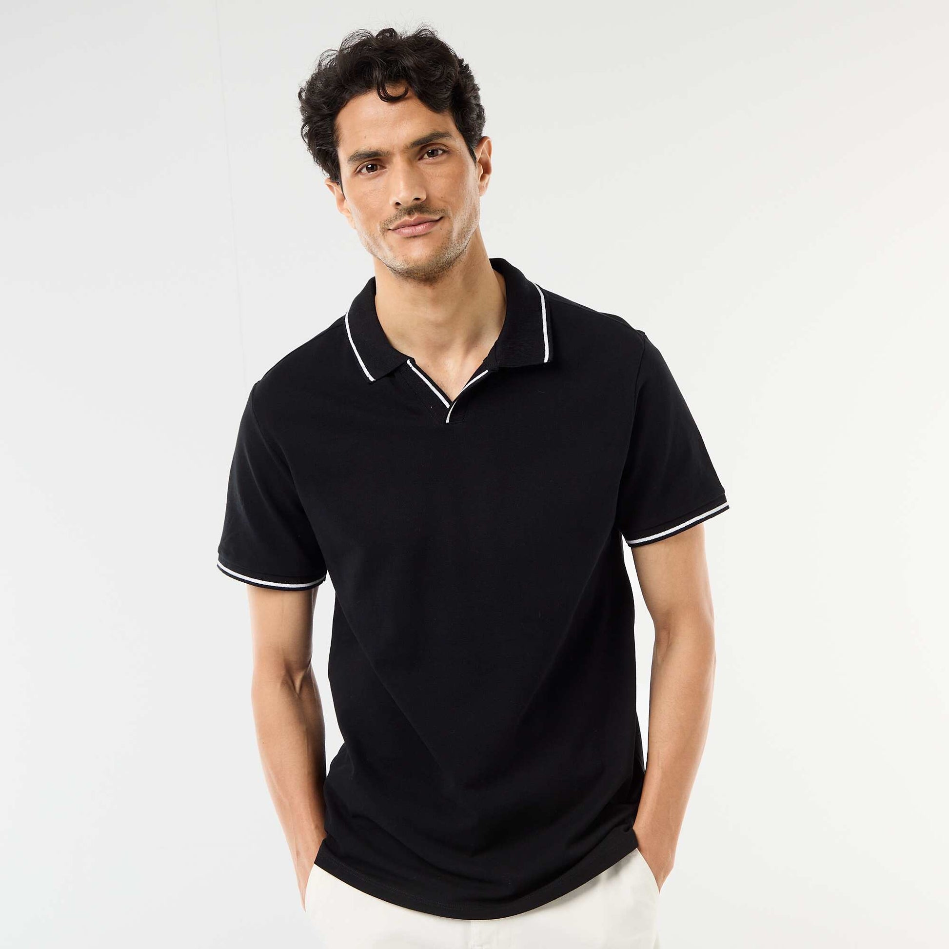 Remera de piqué de algodón de manga corta NEGRO