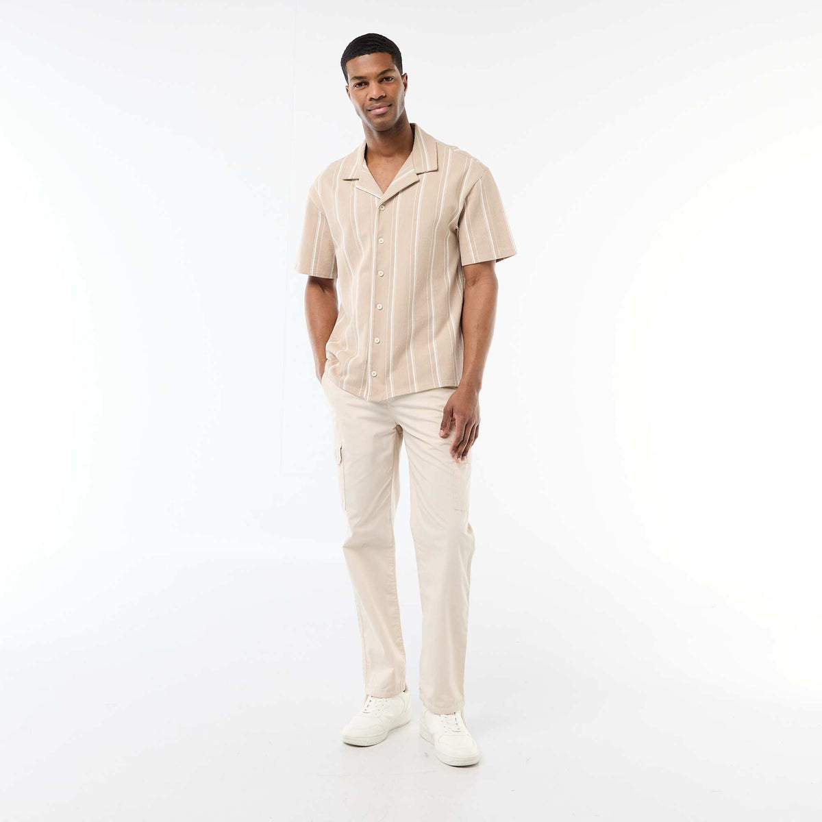 Camisa de rayas de manga corta BEIGE