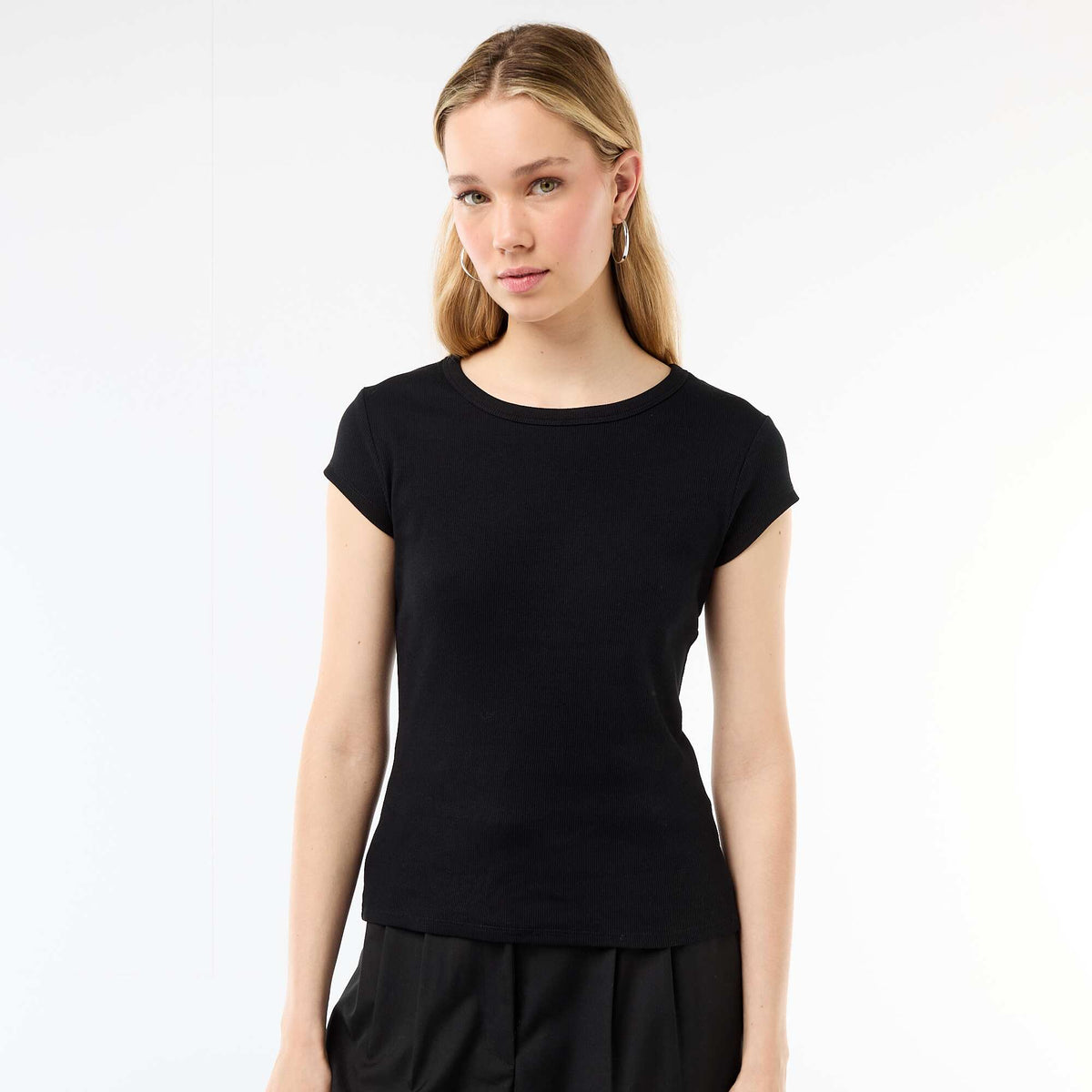 Camiseta de punto de canalé y manga corta NEGRO