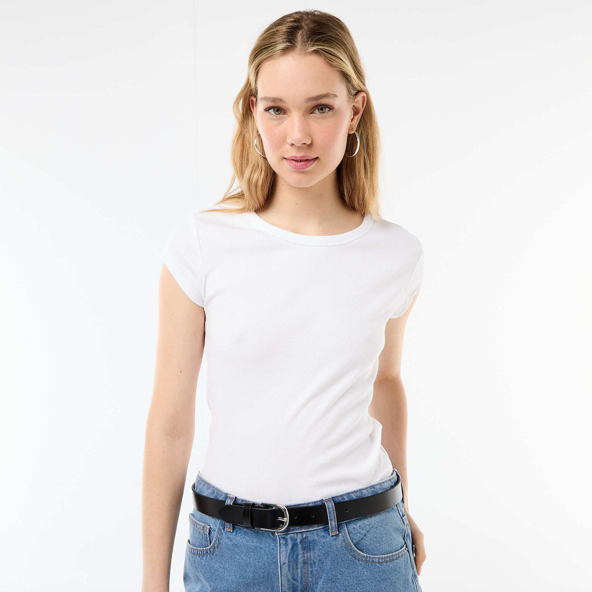 Camiseta de punto de canalé y manga corta BLANCO