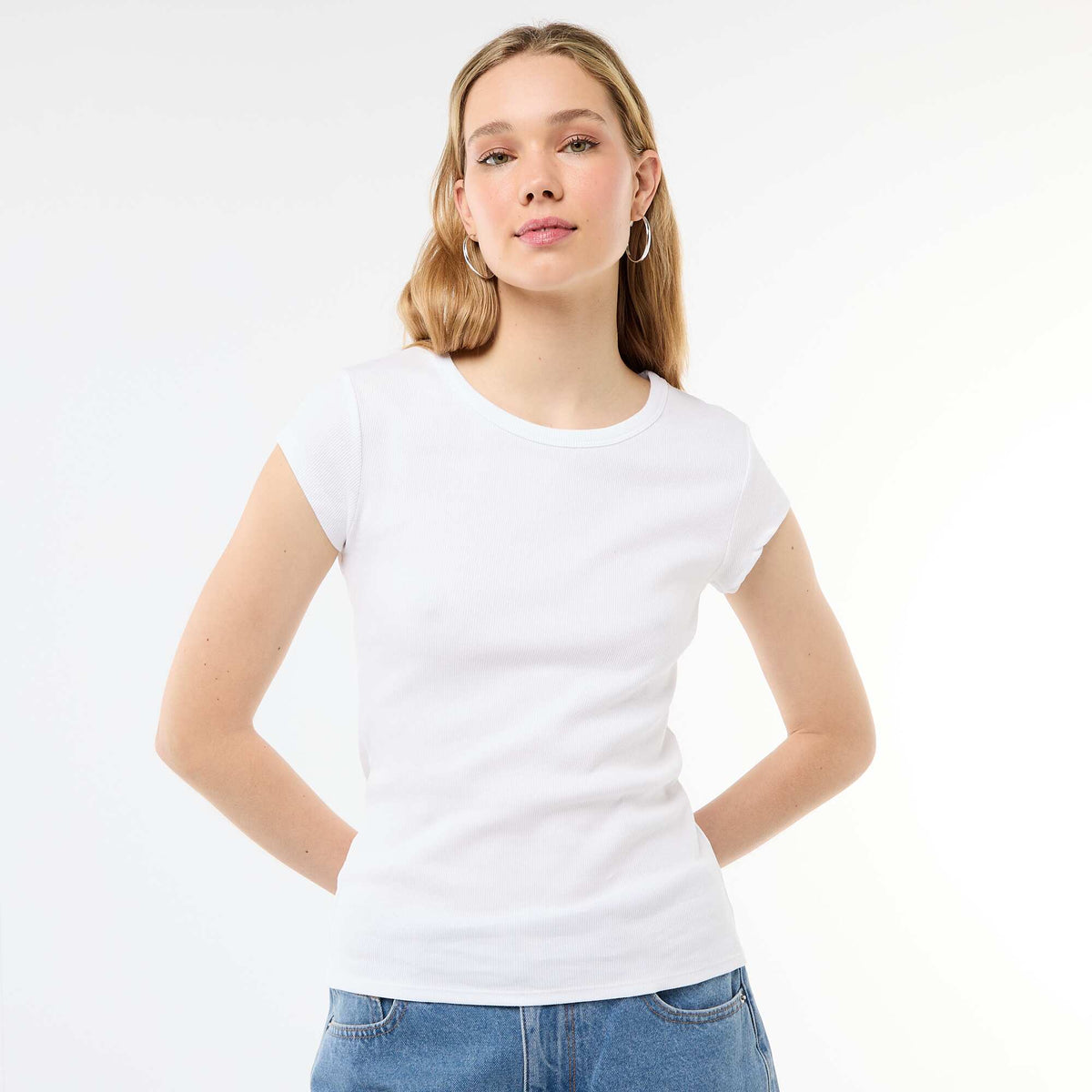 Camiseta de punto de canalé y manga corta BLANCO