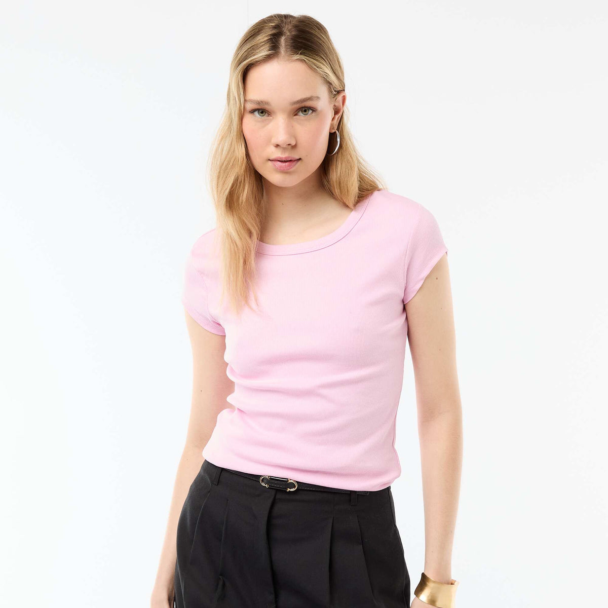 Camiseta de punto de canalé y manga corta ROSA