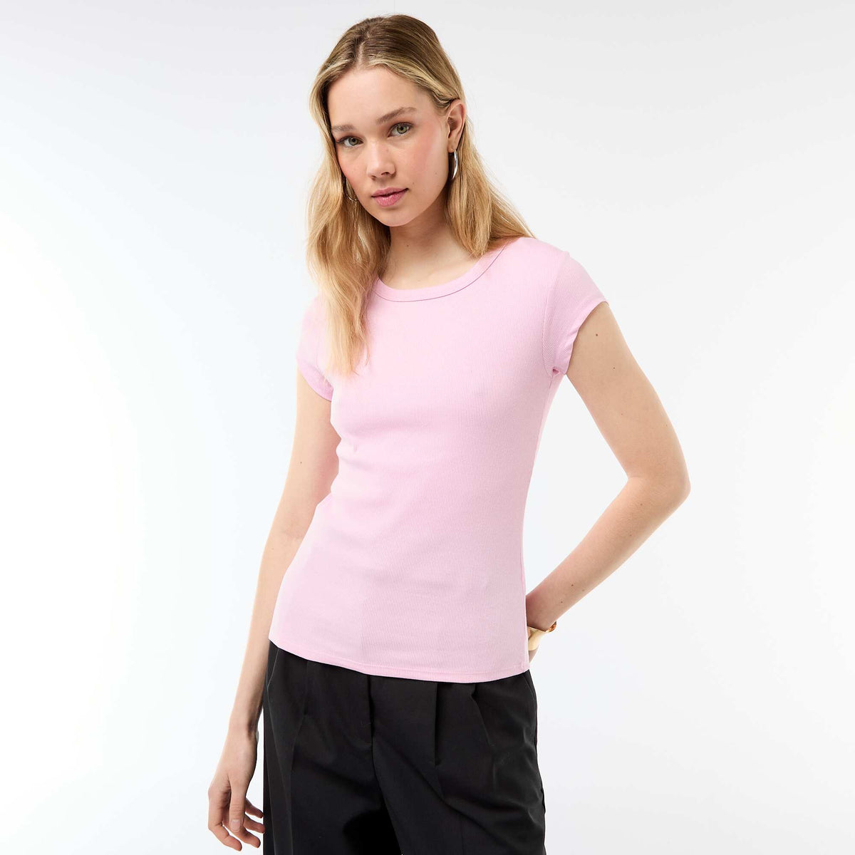 Camiseta de punto de canalé y manga corta ROSA