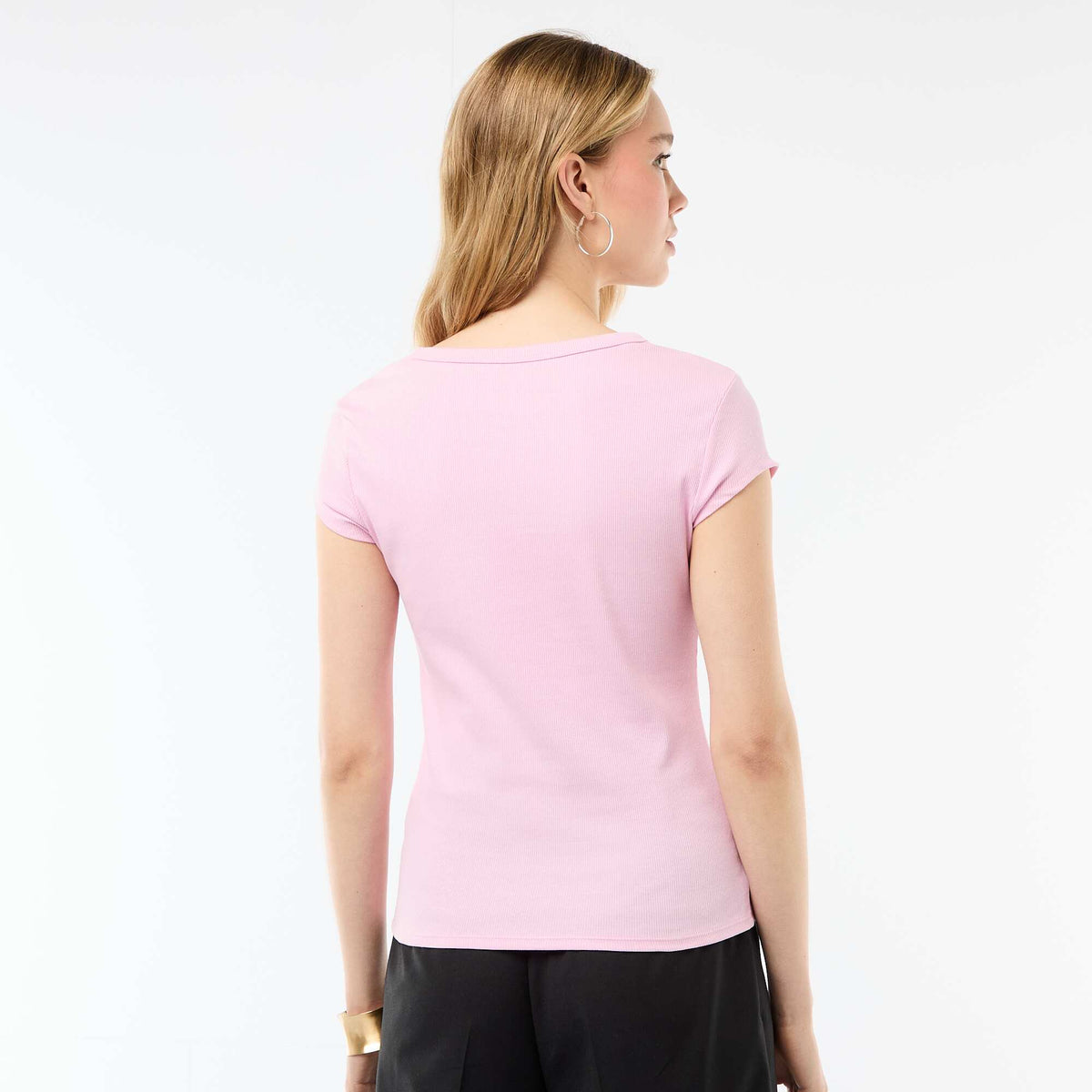 Camiseta de punto de canalé y manga corta ROSA