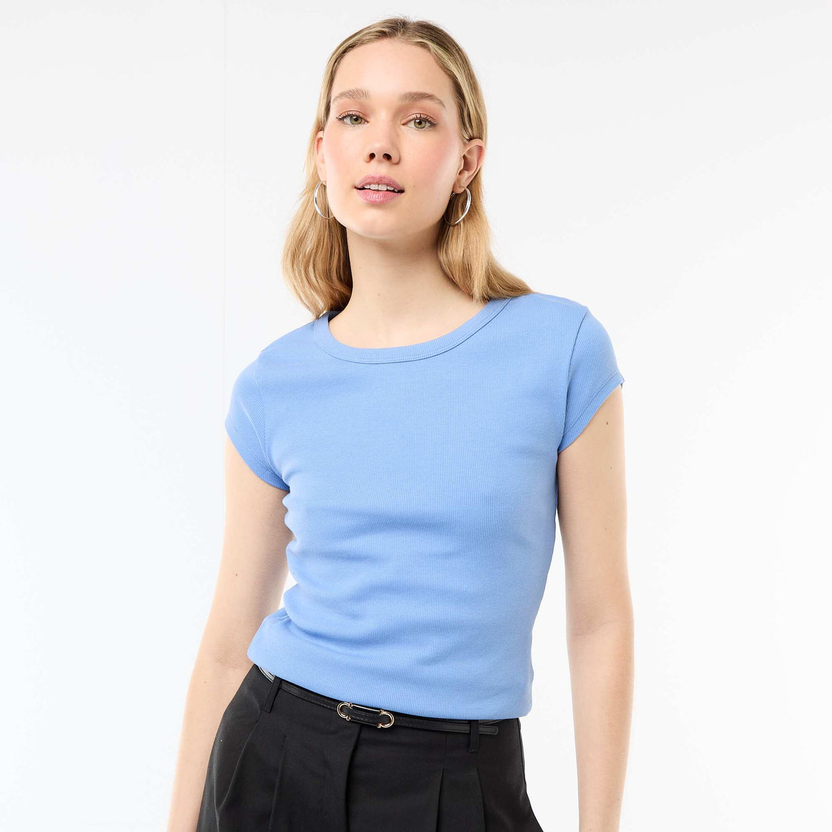 Camiseta de punto de canalé y manga corta AZUL