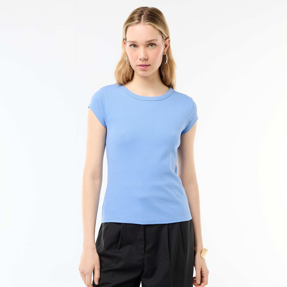 Camiseta de punto de canalé y manga corta AZUL