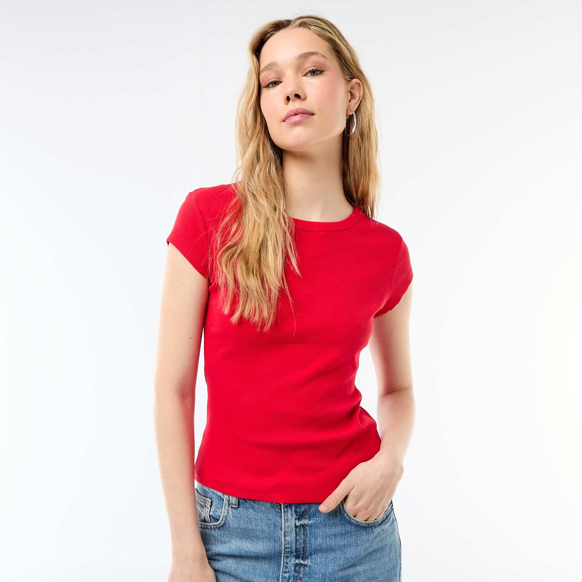 Camiseta de punto de canalé y manga corta ROJO