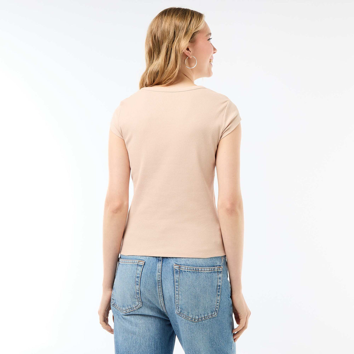 Camiseta de punto de canalé y manga corta BEIGE