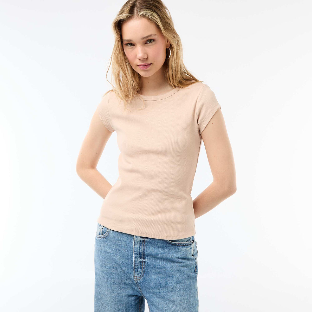 Camiseta de punto de canalé y manga corta BEIGE