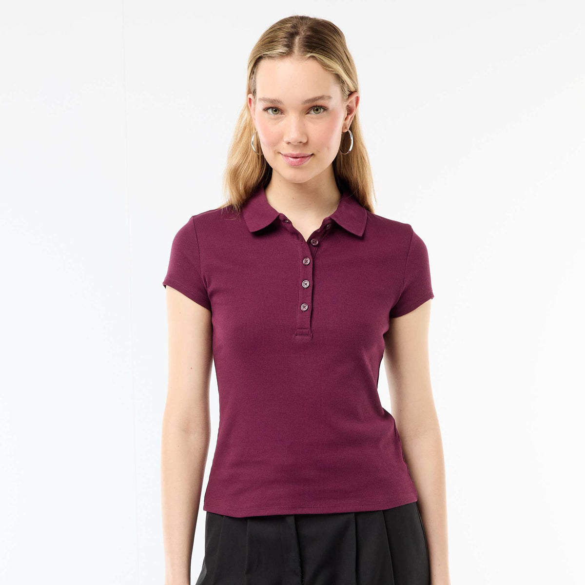 Remera de punto canalé de manga corta ROSA