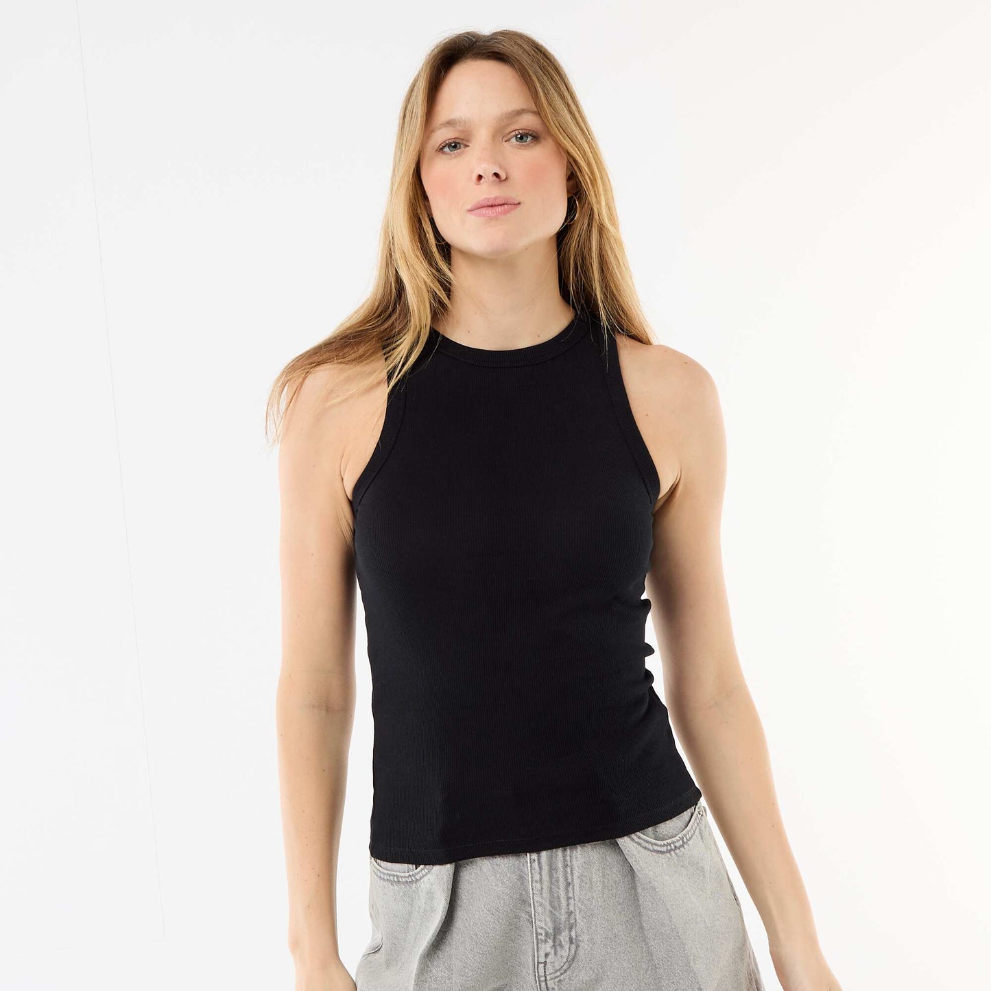 Camiseta sin mangas en canalé NEGRO