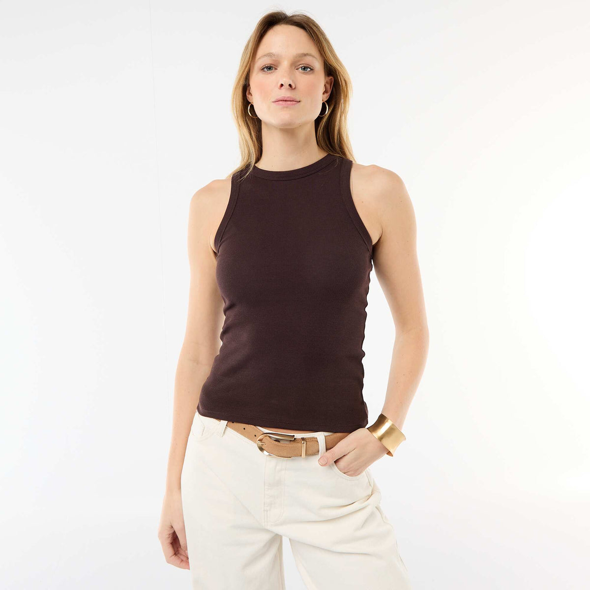 Camiseta sin mangas en canalé MARRON