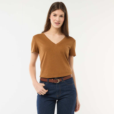 Camiseta básica de manga corta con cuello en pico MARRON