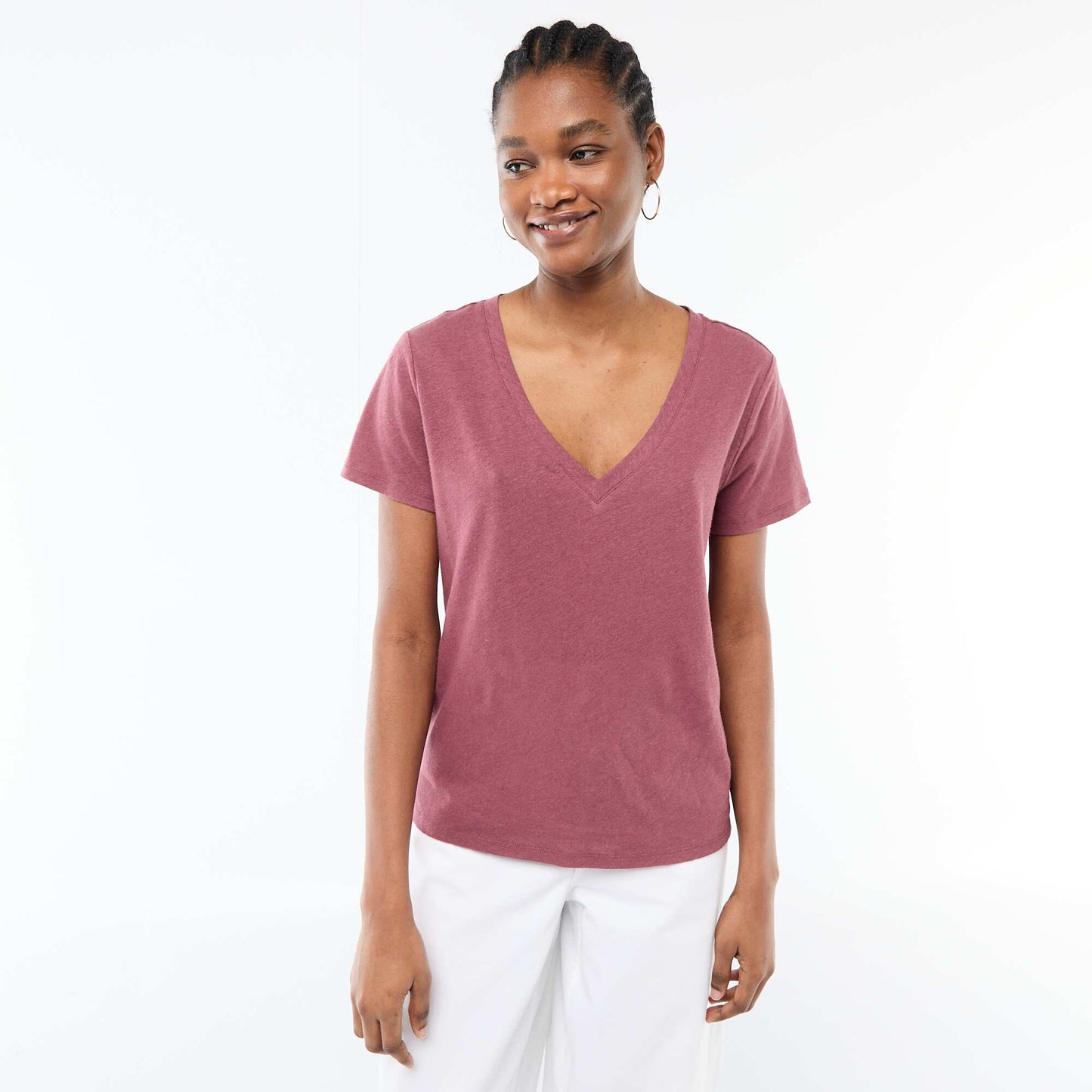 Camiseta básica de manga corta con cuello en pico ROSA