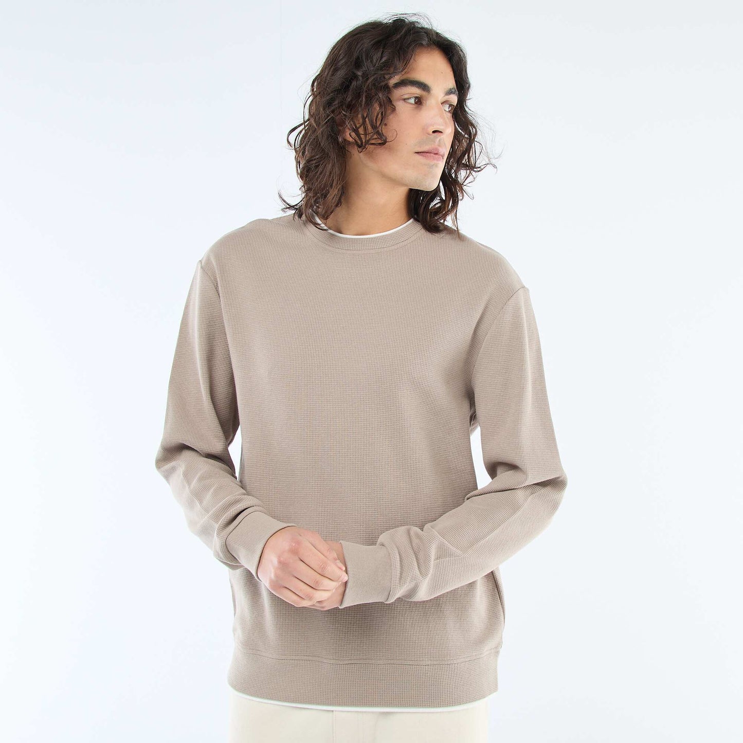 Sweater cuello redondo nido de abeja BEIGE